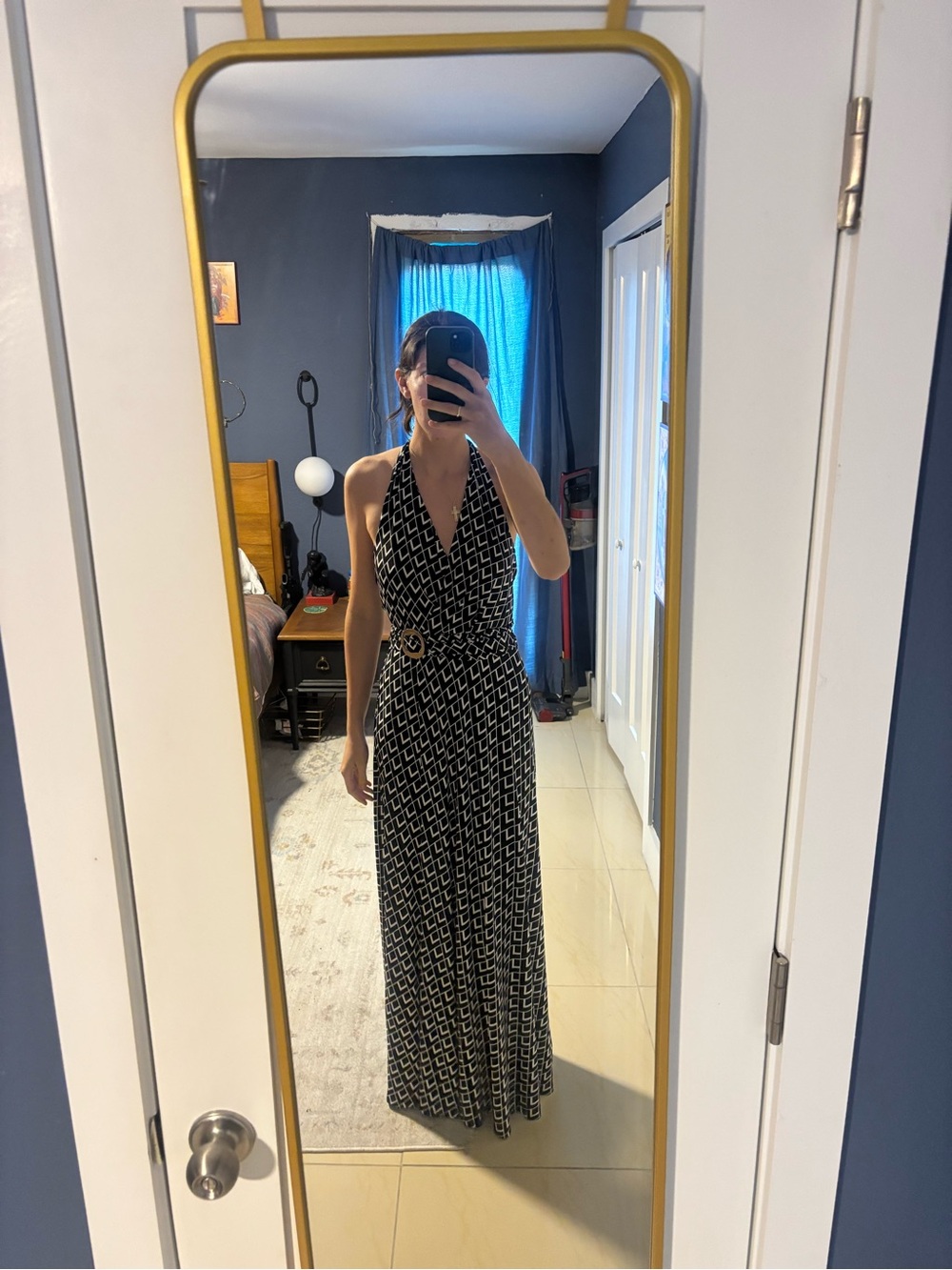White House Black Market Black & White Geometric Halter Maxi
